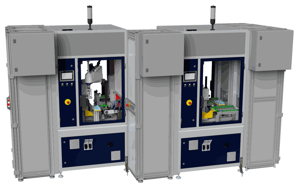 Zwei verkettete Sondermaschinen-Zellen mit Robotern zum Wiegen und Laserbeschriften, als 3D-Konzept dargestellt.