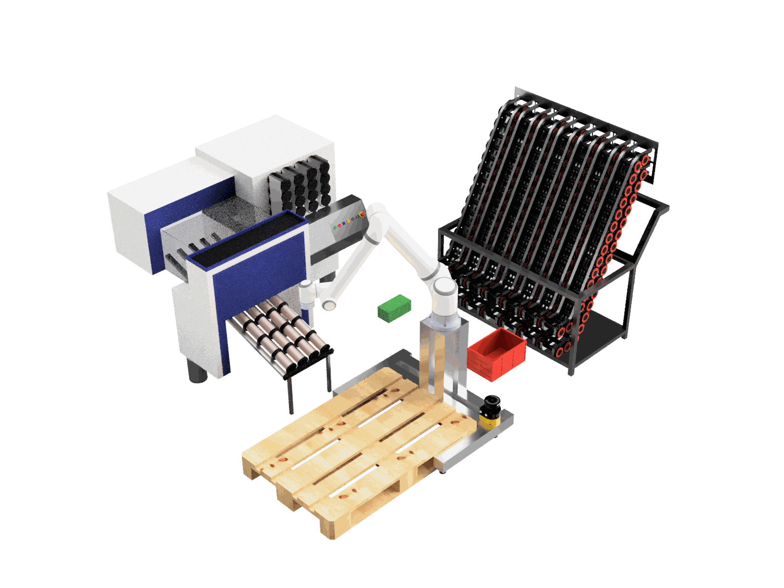 Cobot bestückt eine Produktionsanlage mit Spulen aus einem Magazin